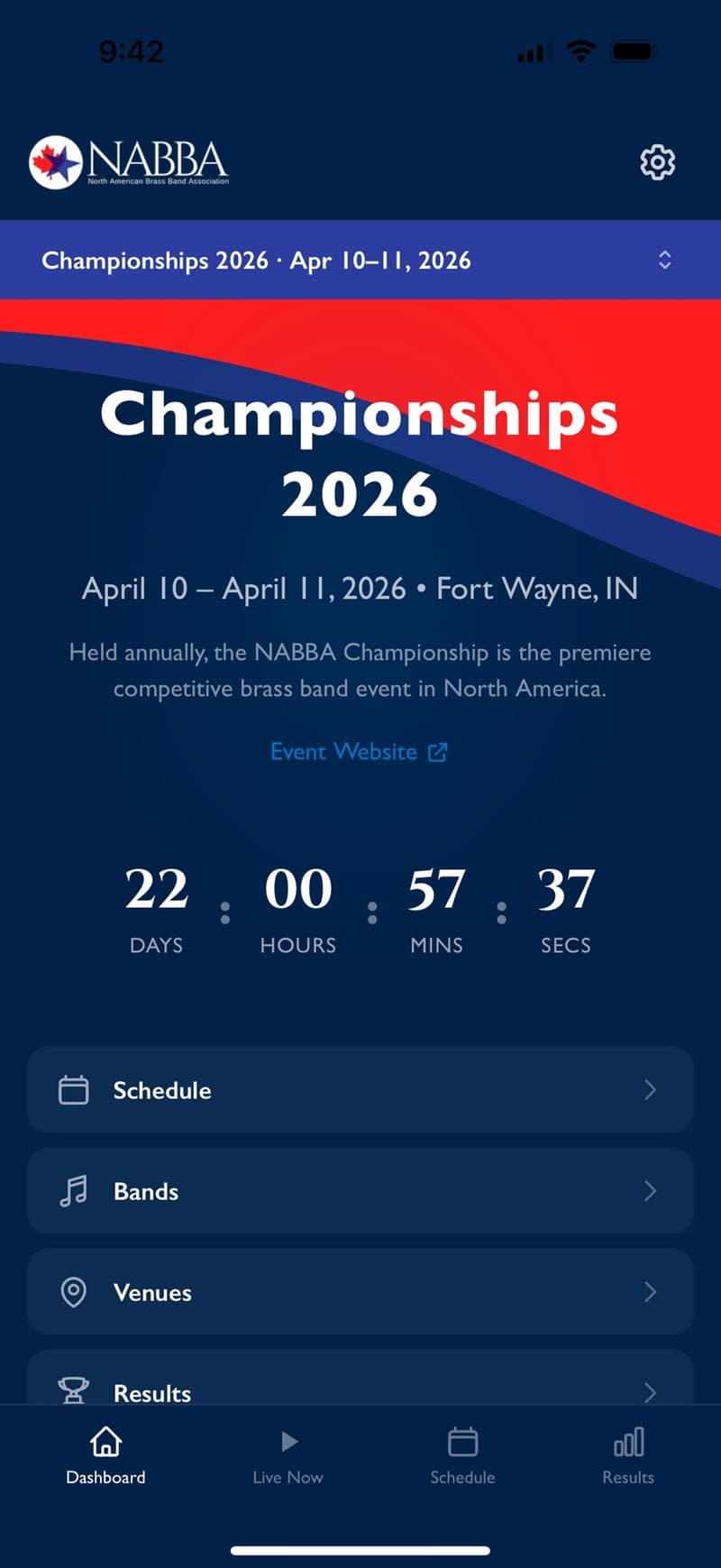 Championships overview with a countdown to the first downbeat
